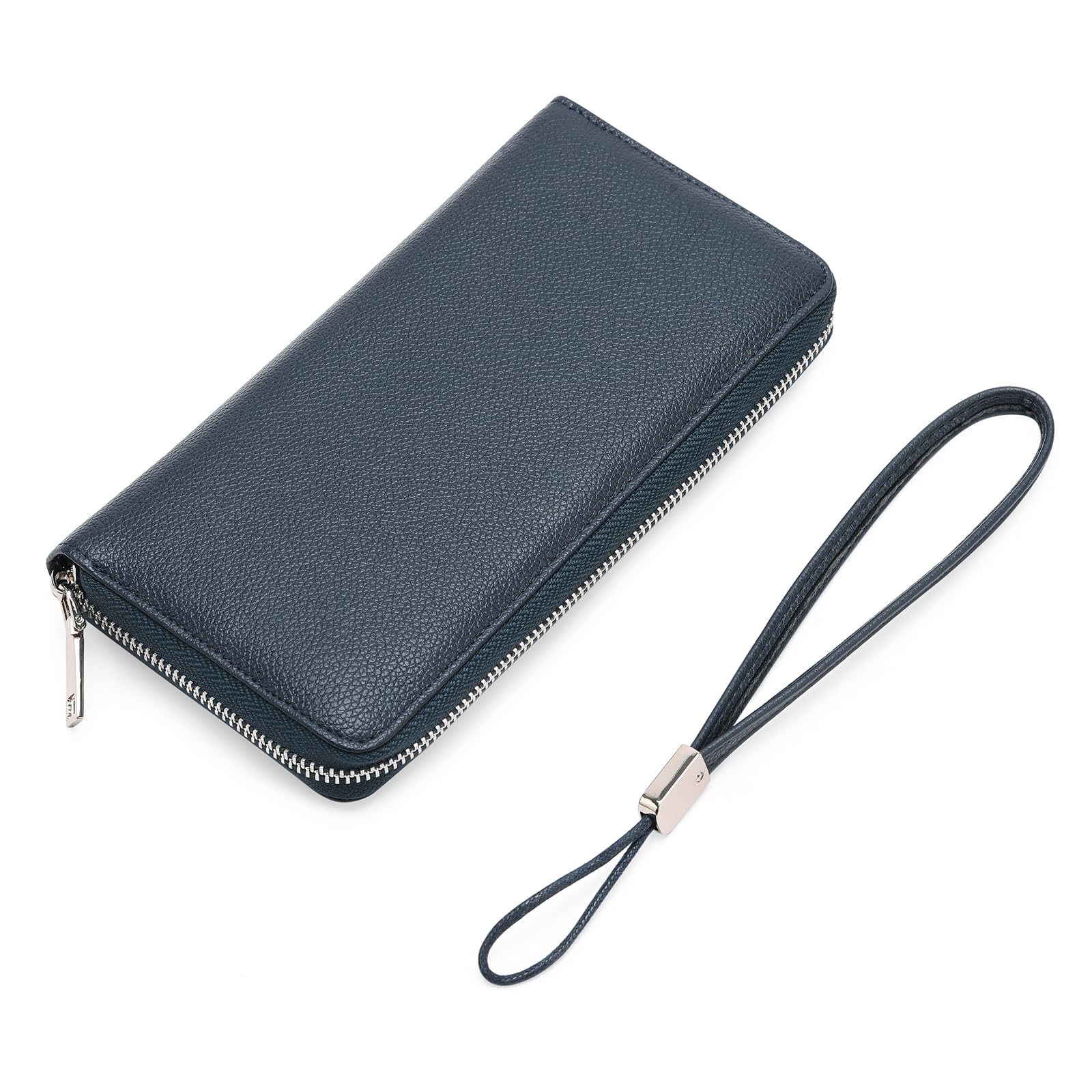 GOIACII Leather Women's Wallets, RFID Blocking Large Capacity Long Ladies Purse, with Detachable Wrist Strap, Multiple Card Slots, Phone Pocket and Zipper Coin Purse, Navy Blue-bb