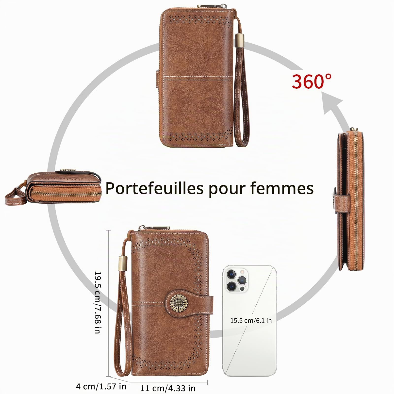 SENDEFN Portefeuille Femme, Grande Capacite Femme Portefeuille avec Blocage RFID Porte Monnaie avec Plusieurs Emplacements pour Cartes Long Portefeuille en Cuir