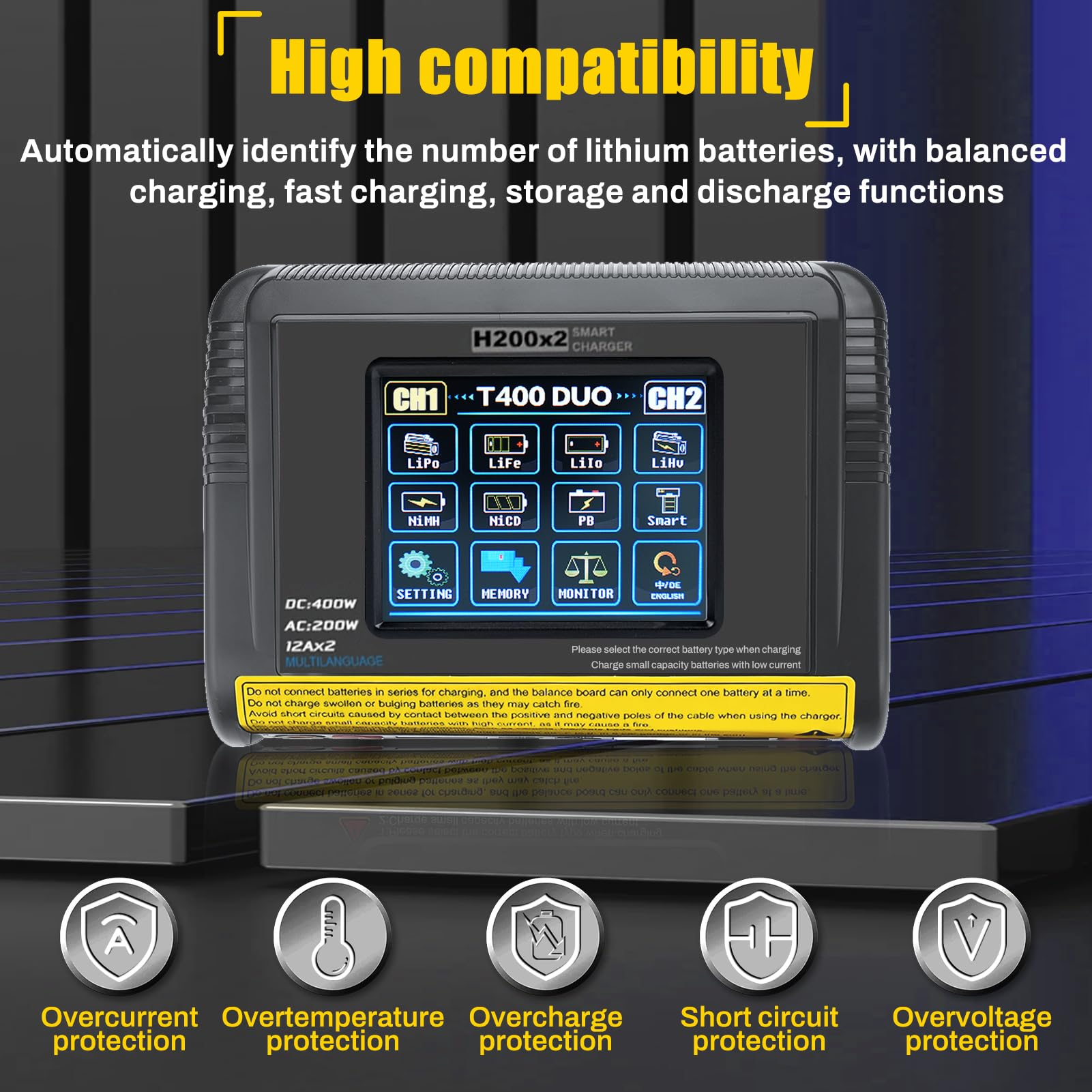 Lipo ladegerät T400 lipo Charger AC200W/DC400W 12A, lipo ladegerät Balancer Doppel-Entlade 3,2 Zoll Farb-Touchscreen Balancer entlader für LiPo/Lilon/Life/NiMH/NiCd/PB/NiMH