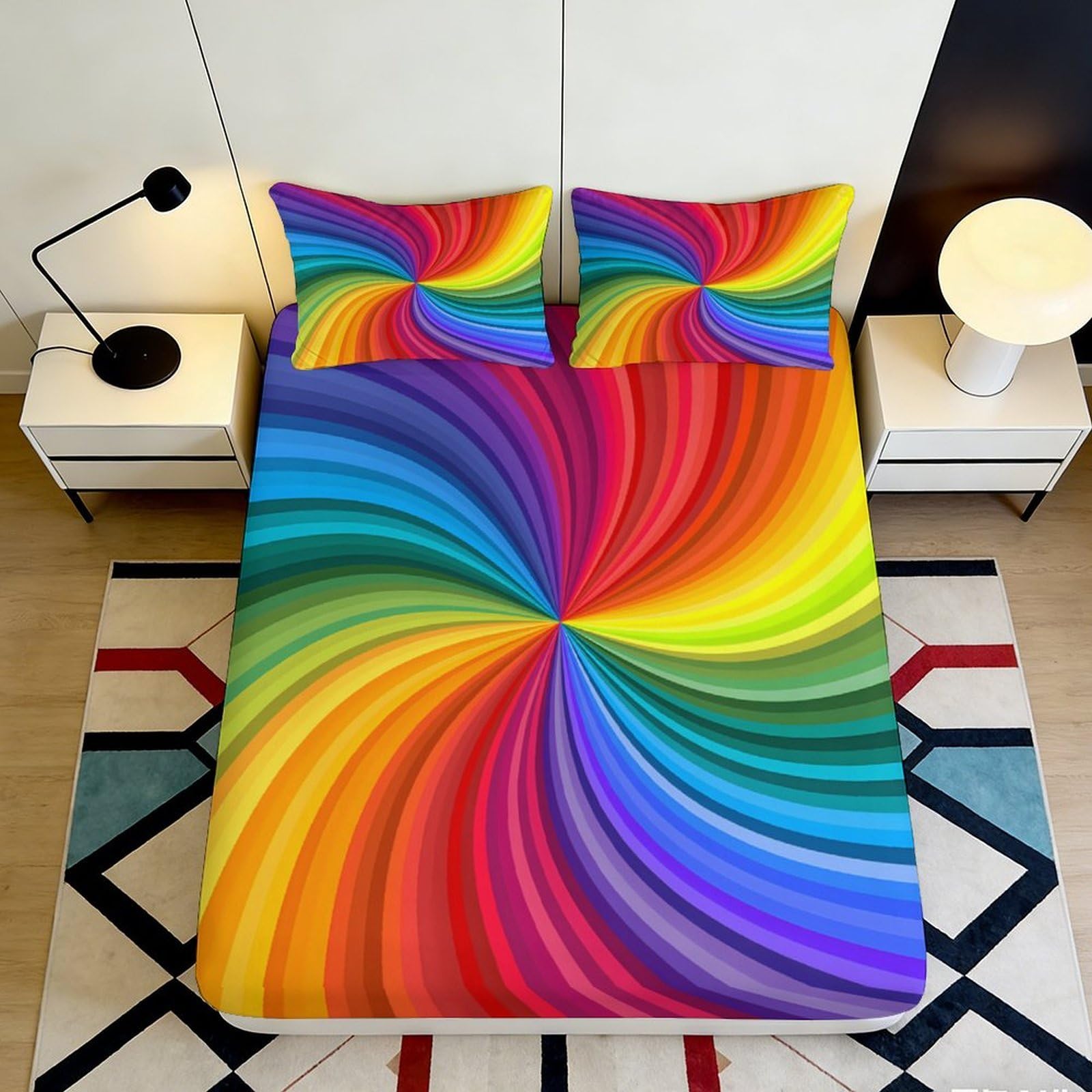 3D Printed Rainbow Spiral Fitted Sheet Microfiber Soft Breathable Colorful Swirl Bed Cover for Bedroom Dormitory Guest Room Mattress Protection Decor 160x200x25cm