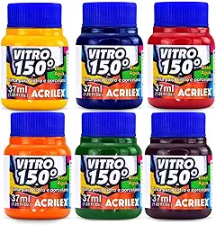 Kit 6 Tintas 150 Vitro Acrilex à Base de Água para Vidro, Cerâmica e Porcelana Durabilidade e Acabamento Impecável em Projetos de Pintura em Vidro, Porcelana, Cerâmica e Faiança.