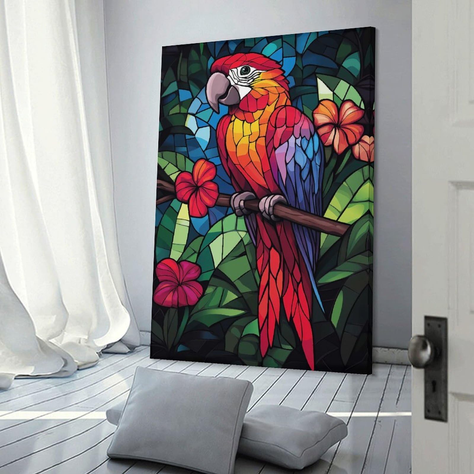 Junmoney Stained Glass Parrot(2) Canvas Wall Art, 20x30inch(50x75cm), for Bedroom Decor, Cosy Corners Or Studios, Stylish Decor for A Restful Room Update