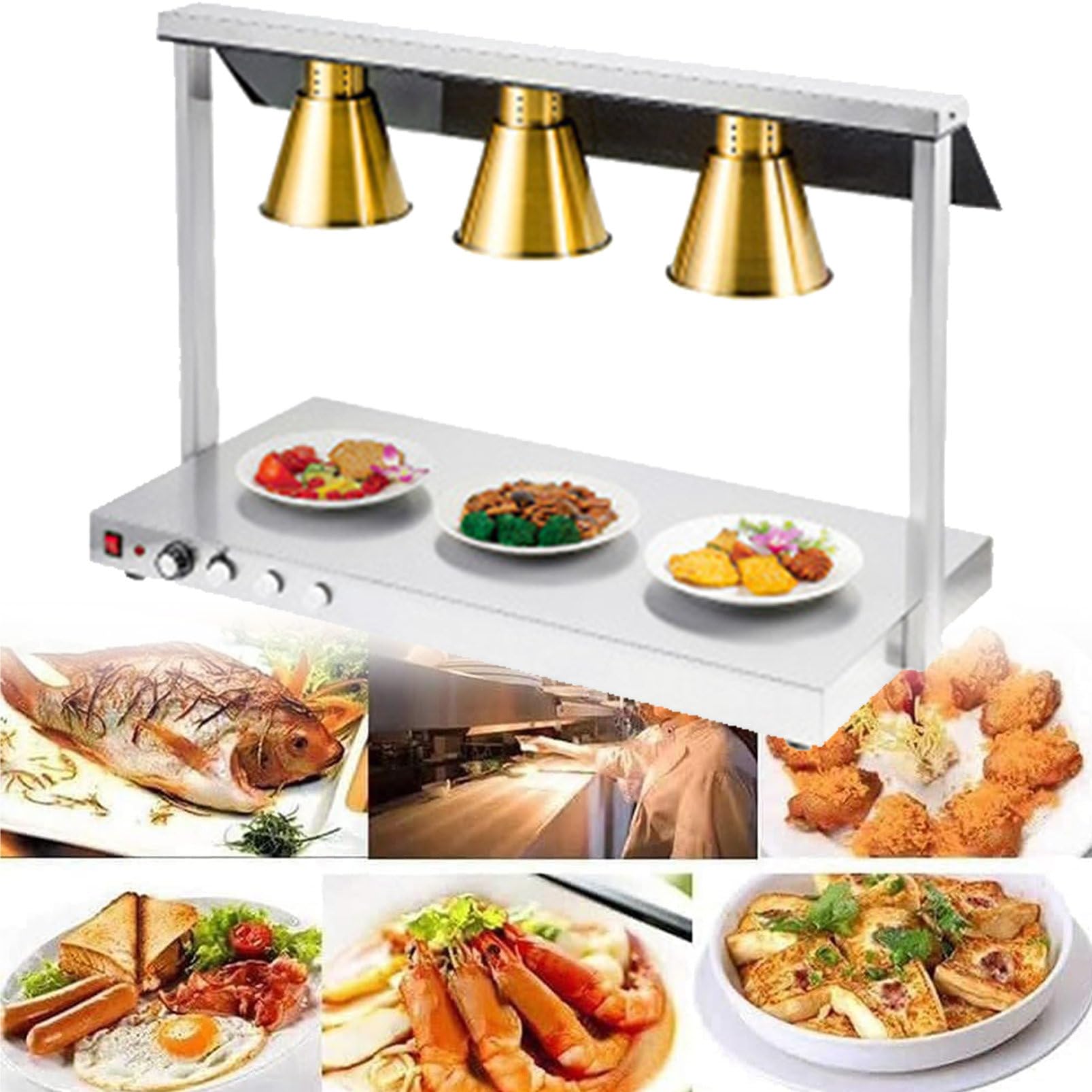 Lampada riscaldante per Alimenti a 1/2/3/4 Testa, Lampada riscaldante per Pizza a Buffet, Piano da Tavolo in Acciaio Inossidabile Commerciale, per Mantenere Il Cibo Caldo, per Mense di Cucina di RIS