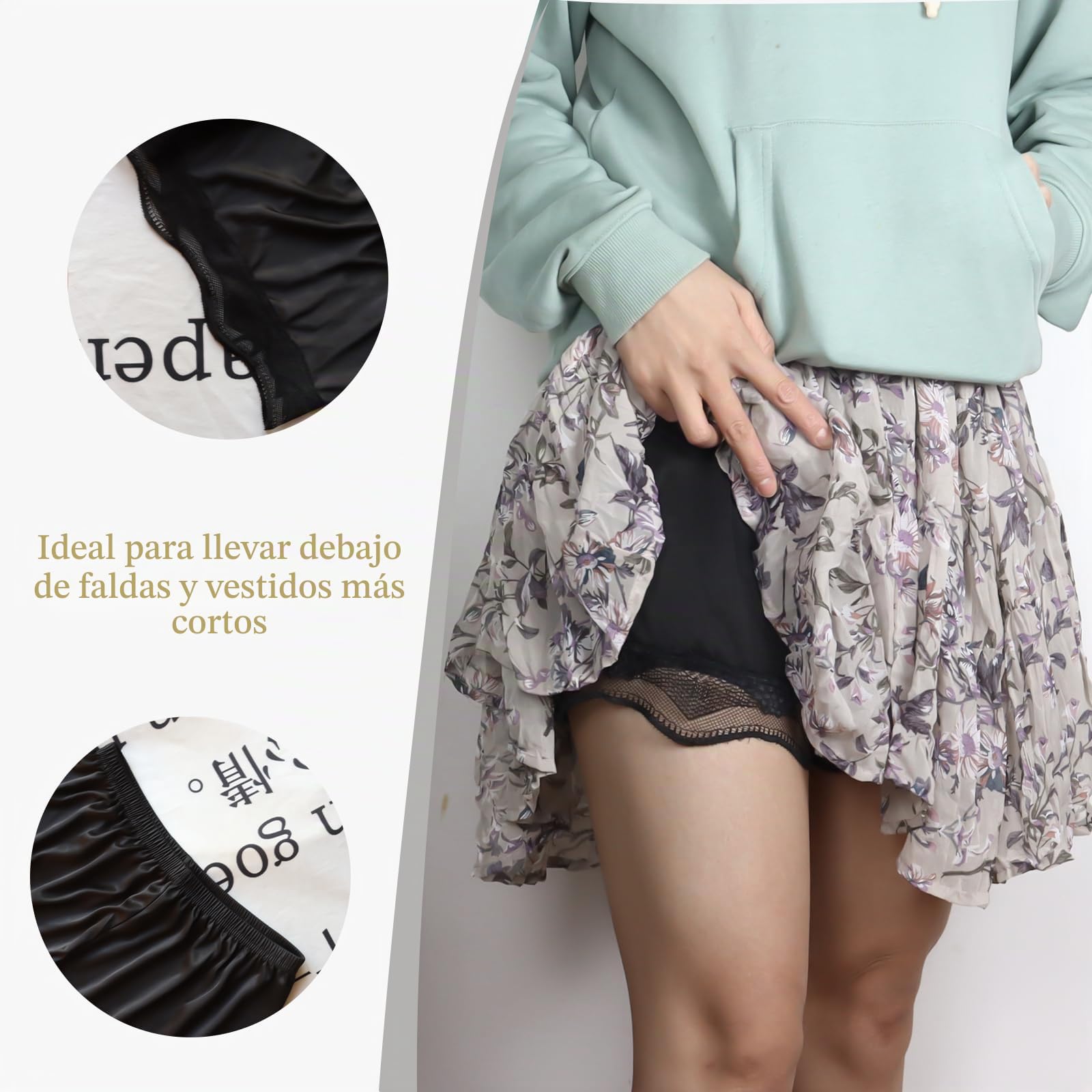3 Pantalones Cortos para Mujer Debajo del Vestido, Pantalones Cortos de Media Falda Dividida (L, Blanco, Negro, champán), Blanco, Negro, champán, Large