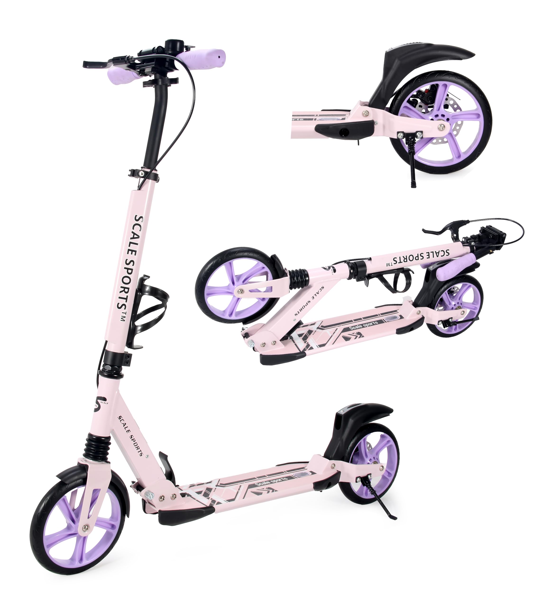 Scale Sports Patinete plegable de dos ruedas de 3 tamaños ajustable para niños de 7 años en adelante, scooter con frenos duales, ruedas grandes de 200 mm para adultos de hasta 100 kg, adolescentes y