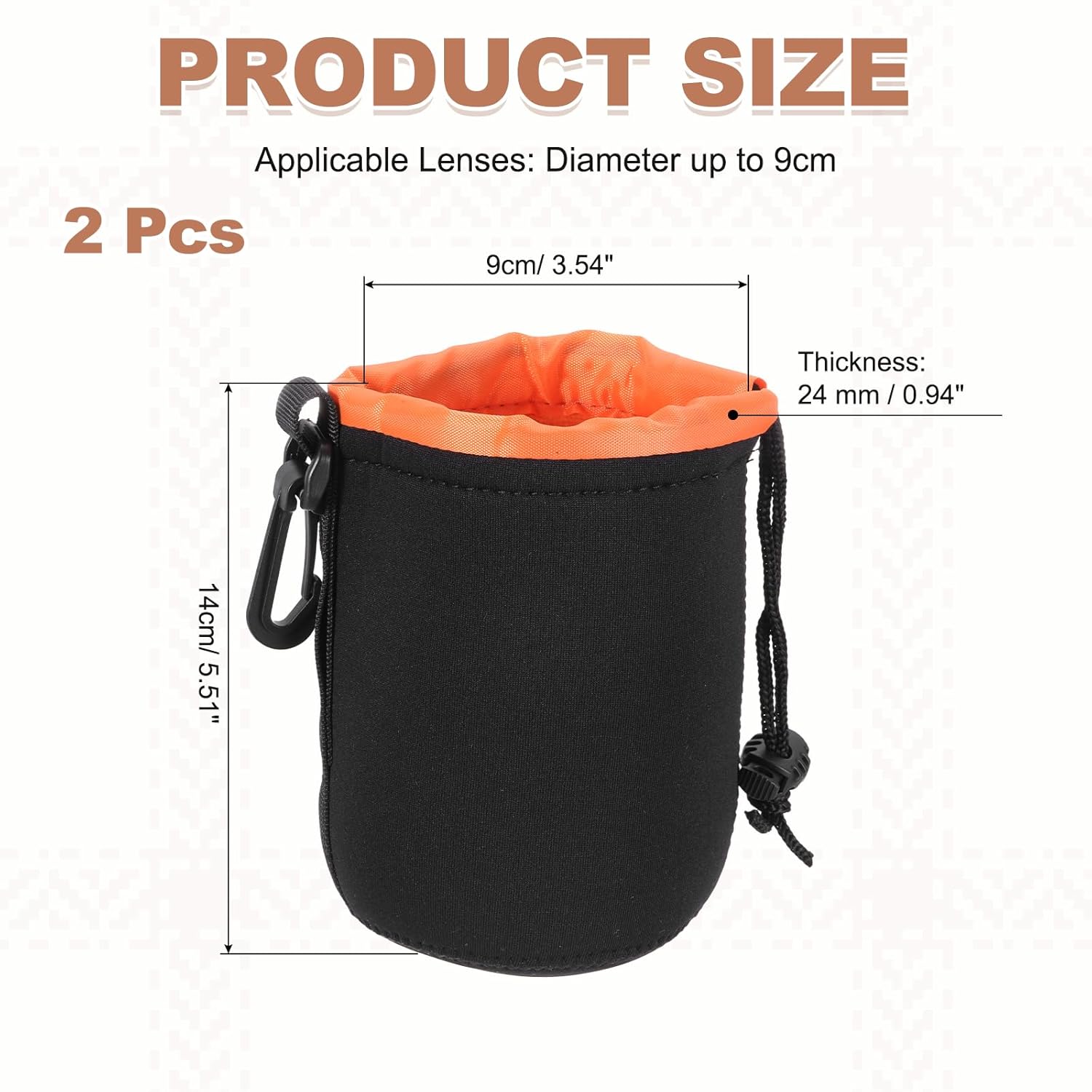 PATIKIL 2 Pcs Camera Lens Pouch, 4" ID x 6" H Drawstring Orange Interior Lens Pouch Protective Camera Lens Case Bag Soft Plush Neoprene Bag for DSLR Photography Gear, Black/Orange