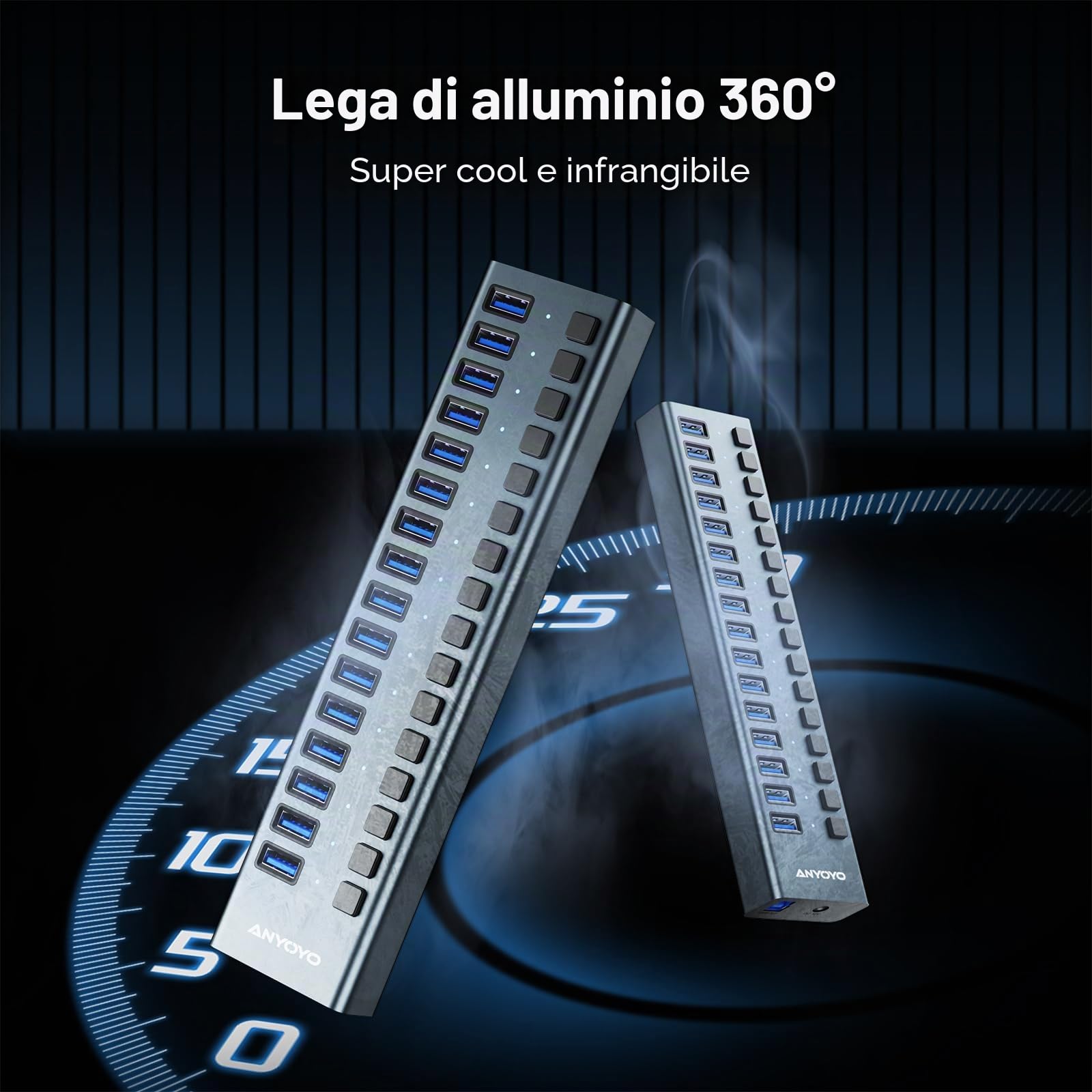 Hub USB Alimentato 90W (12V/7.5A) - Multiport USB 3.1 con 16 porte A 10Gbps,ANYOYO multipresa usb per Laptop e PC,Dispositivi di Archiviazione- Alluminio