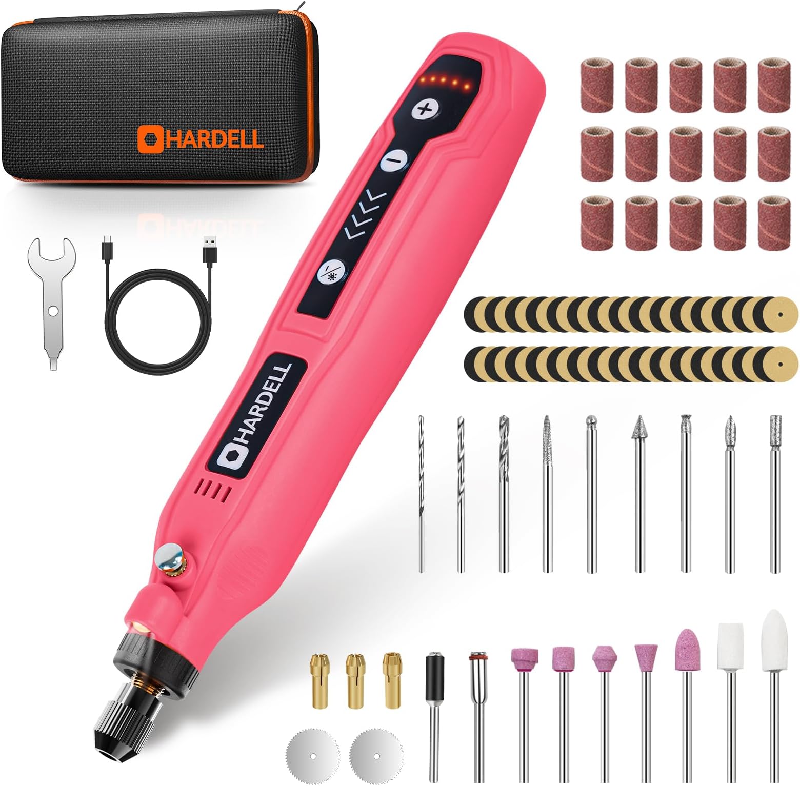 HARDELL Mini Cordless Rotary Tool, 5-Speed 3.7V Rechargeable Rotary Tool Kit with 69 Accessories, USB Charging Multi-Purpose DIY Tool for Sanding, Polishing, Drilling, Engraving(Pink 69pcs)