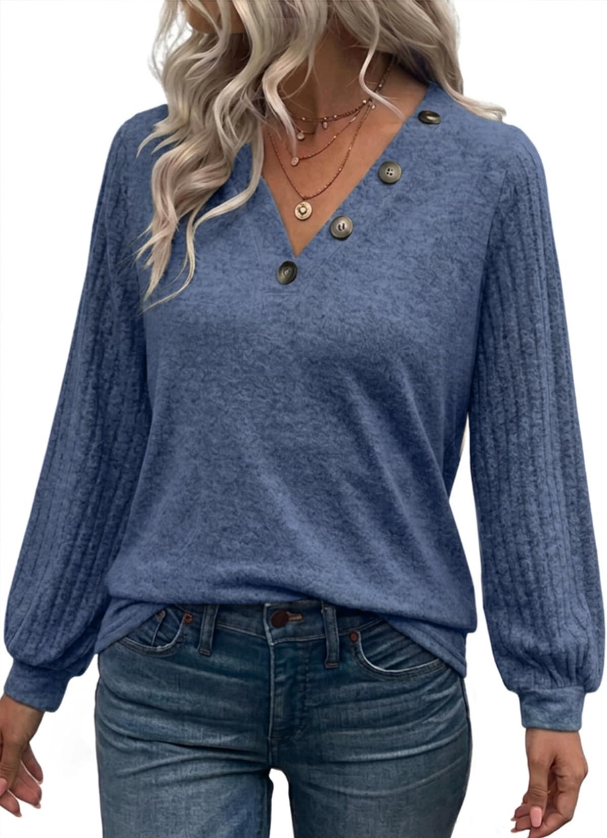 Chicrise Pullover Damen Knöpfe V-Ausschnitt Strick Ballonärmel Ribbed Warm | Herbst,Winter,Ballonärmel,Langarm,Gerippt,Knopf,V-Ausschnitt,Oversize,Locker,Elegant,Lässig,Rippstrick,Leicht,Warme,Basic