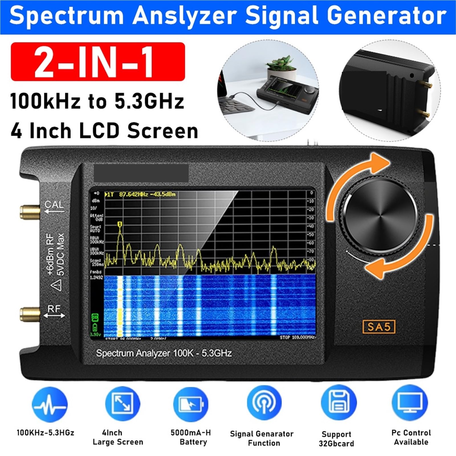 Analizzatore di spettro portatile 2 in 1, generatore segnale, analizzatore frequenza da 4,0 pollici, batteria 100 kHz a 5,3 GHz, 5000 mAh con scheda 32 GB