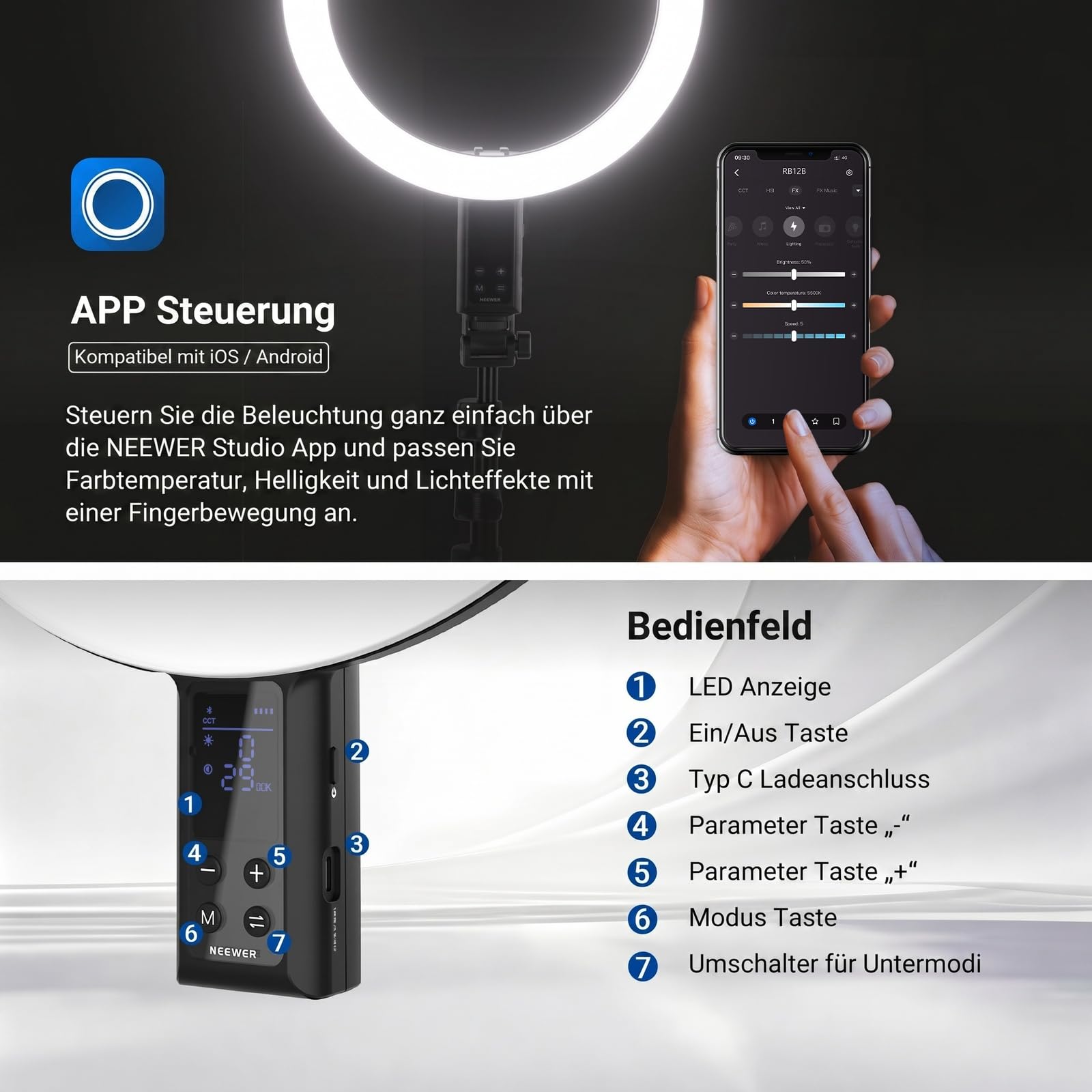NEEWER 12" Selfie Ringlicht mit App Steuerung/Fernbedienung/Stativ, 3200mAh, zweifarbige LED, CRI 95, 2900K–7000K, Ring Light kreisförmige Leuchte, kompatibel mit iPhone, Vlog, Makeup, Studio, RB12B