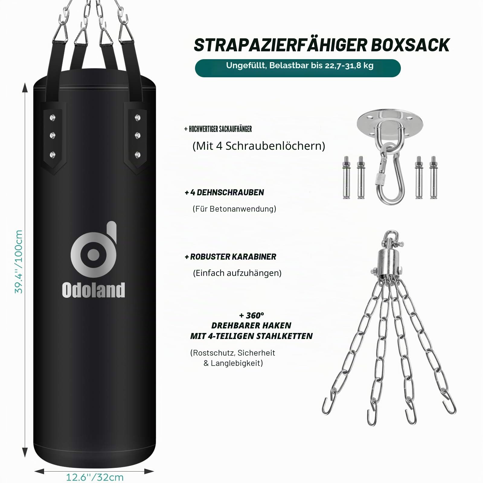 Odoland Boxsack Set Ungefüllt 8 in 1, Boxsack Erwachsene 100 120cm mit Boxhandschuhe 12oz, Reflexball, Boxbandagen, Kette Deckenhaken, Springseil, Punchingsäcke für MMA Kickboxen Boxing