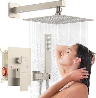 Rain Shower System Sets Faucet: EMBATHER 10 Inch Overhead Rainhead Shower Combo Set With Handheld And Valve-Luxury Modern Mixer Rainfall Brushed Nickel Shower Faucets Sets Complete