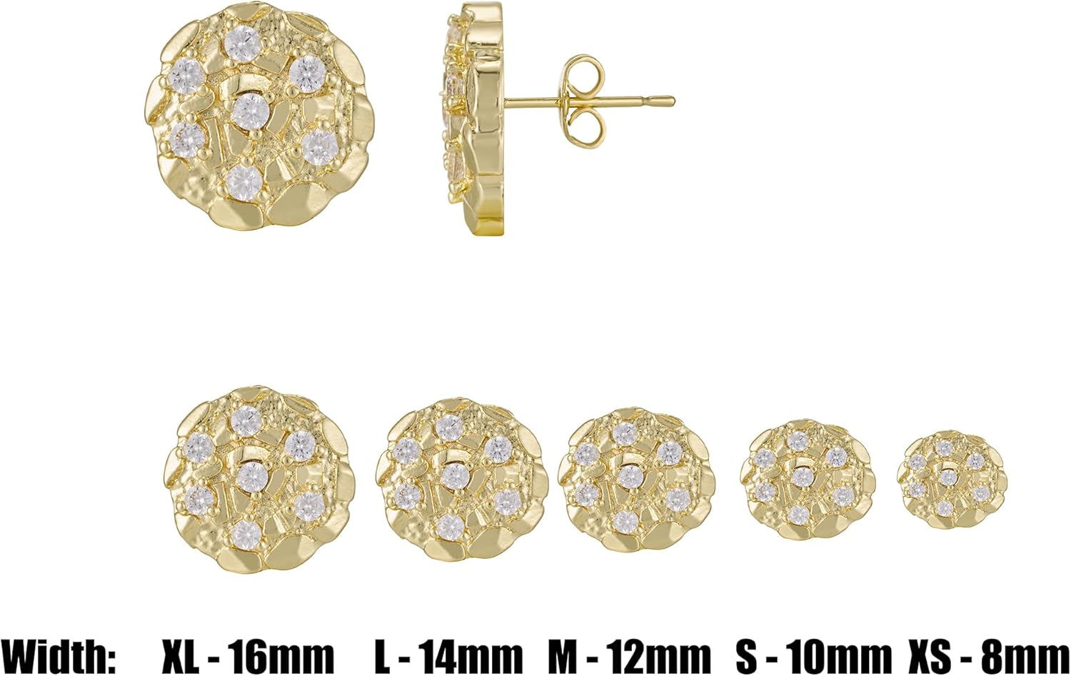 14K Gold Plated Nugget Earrings For Men Women, Unisex Round Textured Cookie Nugget Stud, Cubic Zirconia Round Shape Earrings Studs Gold - Image 3
