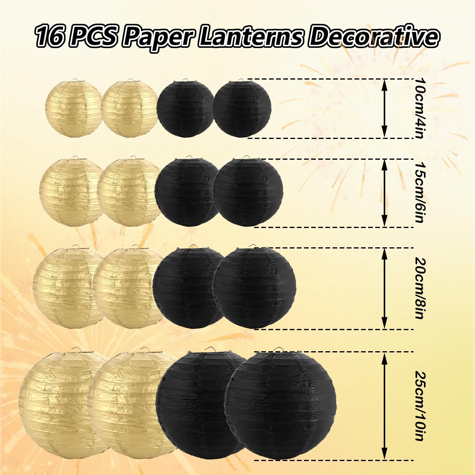 MIVIDE 16er Papierlaternen Set Schwarz Gold, Papierlampions Deko 10 15 20 25 cm, Lampenschirm Runde für Hochzeiten, Geburtstage, Partys und Veranstaltungen