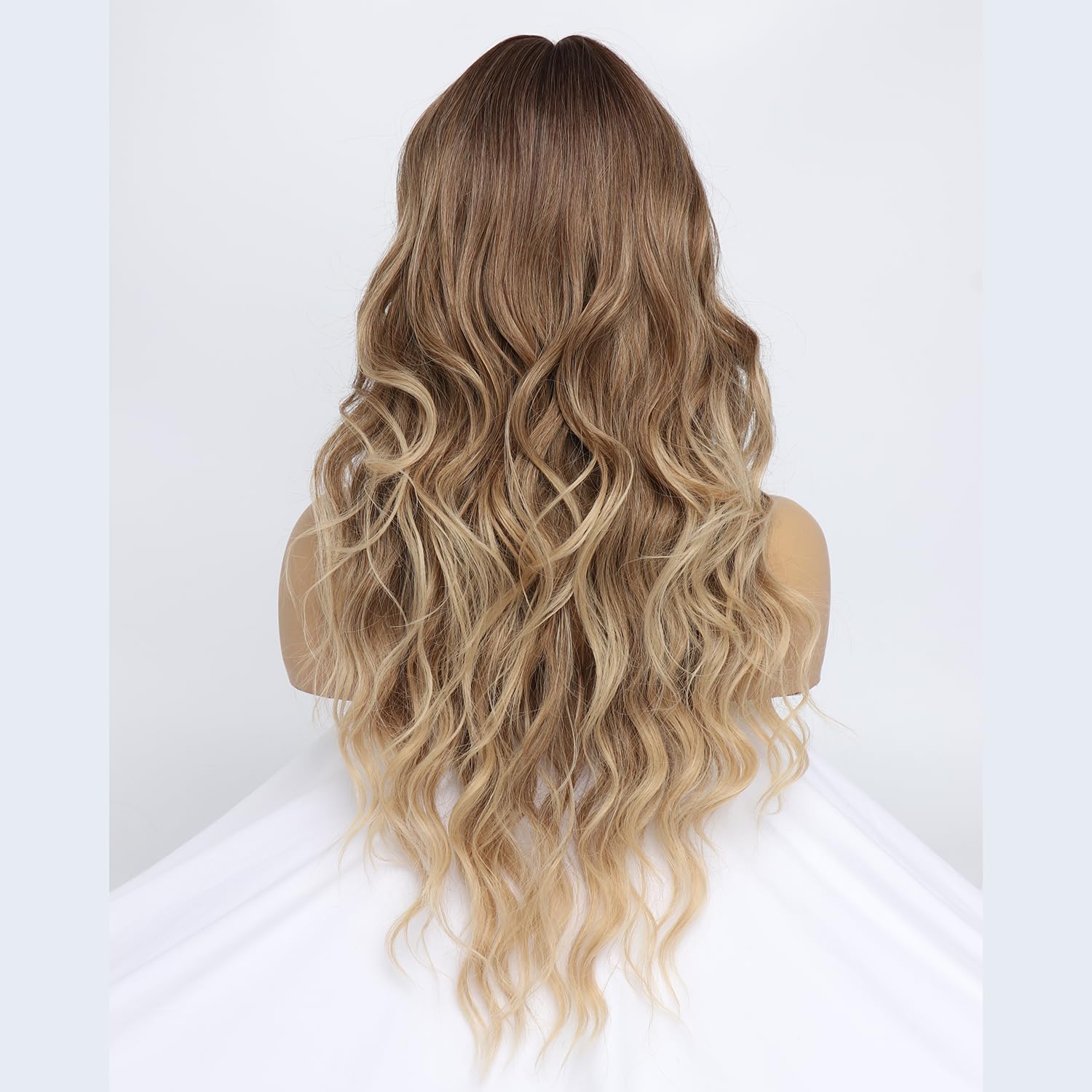 SIMKAYLEE Long Ombre Blonde Wavy Wig with Bangs for Women Ladies Water Wave Natural Looking Synthetic Blond Hair Wigs with Fringe Curly Female for Daily Carnival New Years Cosplay Party Wear (26 inch)