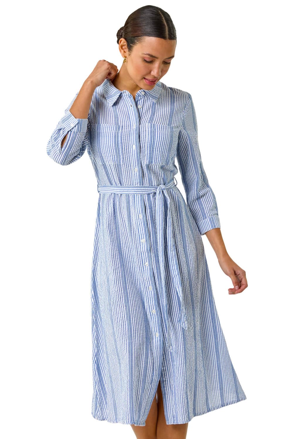 Roman Women's Light Blue Textured Stripe Belted Shirt Dress In | : Size 20