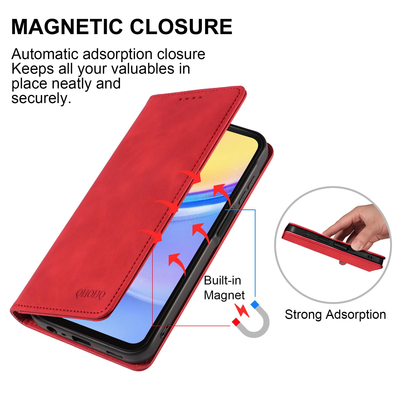QHOHQ Cover per Samsung Galaxy A15 4G/5G + Vetro Temperato, [RFID Antifurto], Libro Custodia Portafoglio Premium Pelle PU, [Multifunzionale], Chiusura Magnetico Aletta Antiurto Case (Retrò)-Rosso
