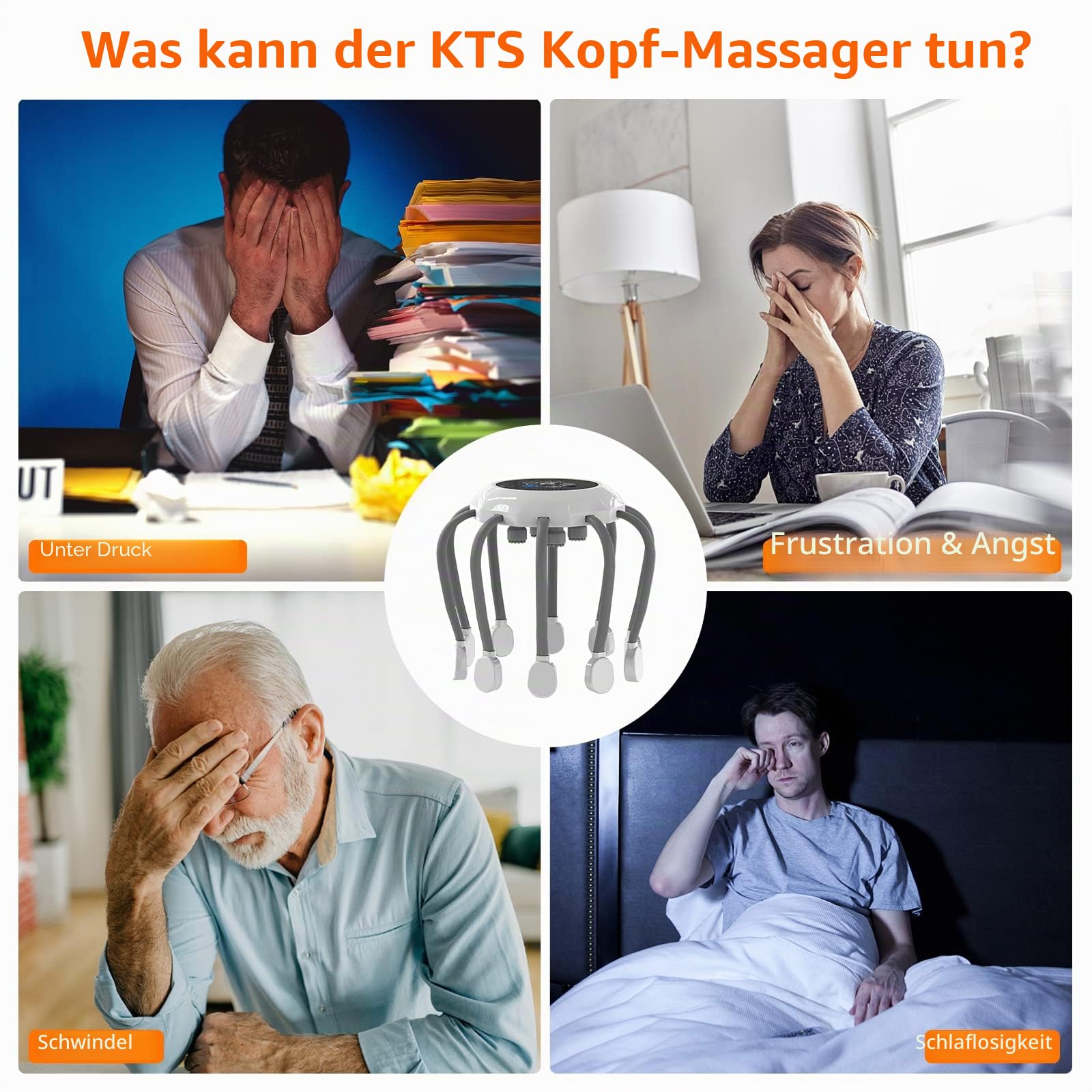 KTS wiederaufladbares Kopfhautmassagegerät mit 14 vibrierenden Kontakten, 5 Modi, Rotlichttherapie, tragbarem Krakenkopfkratzer für Entspannung, Druck- und Stressabbau und schnelles Einschlafen