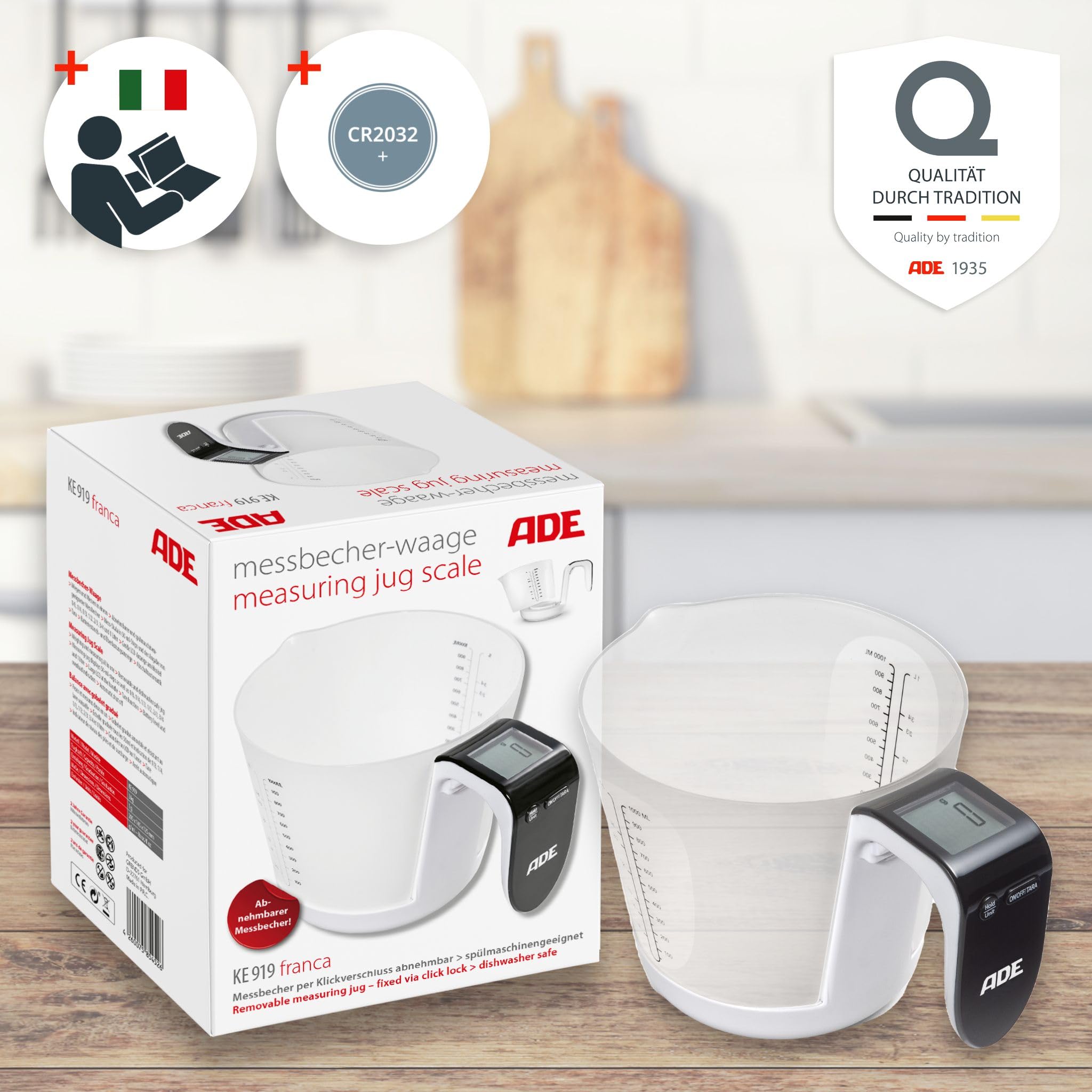 ADE Bilance Graduate Digitali - Misurino con Bilancia | Bilance da Cucina con Misurino per Pesare & Misurare - Misurino Elettronico Bianco/Nero