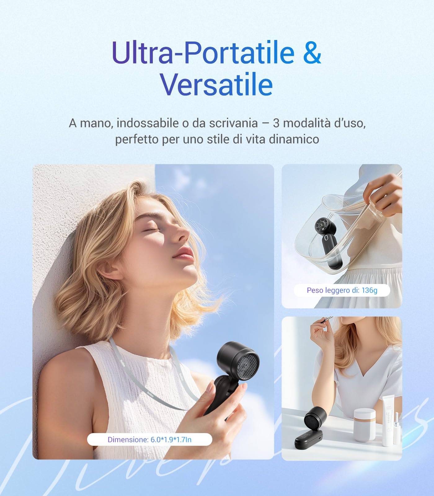 Diveblues Ventilatore Portatile a Mano 3 in 1, Mini Turbo Ventilatore USB Ricaricabile con Batteria da 4000mAh, 5 Velocità e fino a 12H di Raffreddamento, Viaggio, Ufficio, Esterni