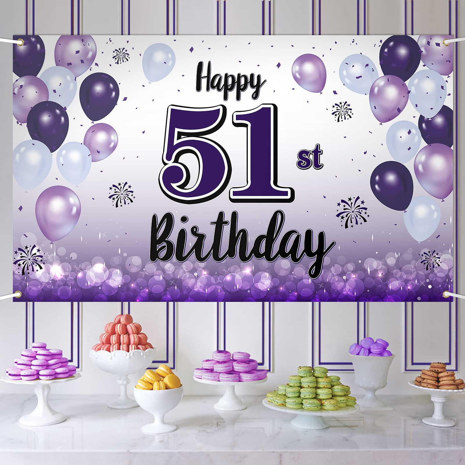LASKYER Happy 51st Birthday Decorations,51st Purple Balloon Large Birthday Banner Backdrop Sign,51 Years Old Bday Party Supplies.