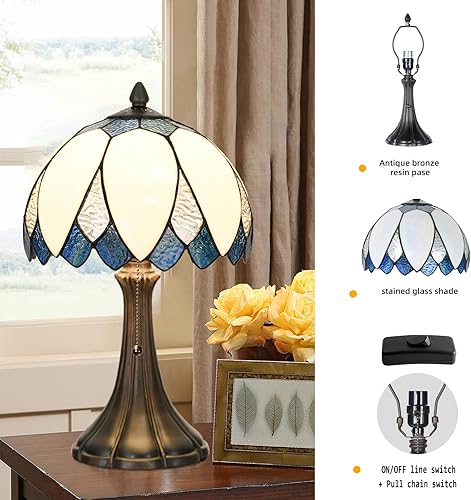 Miniatura 5 de TL0014 - Lámpara de mesa LotusTiffany azul y blanco, lámpara de mesita de noche de vidrieras, lámpara de mesa de lectura de vidrio doblado, 9.5 x
