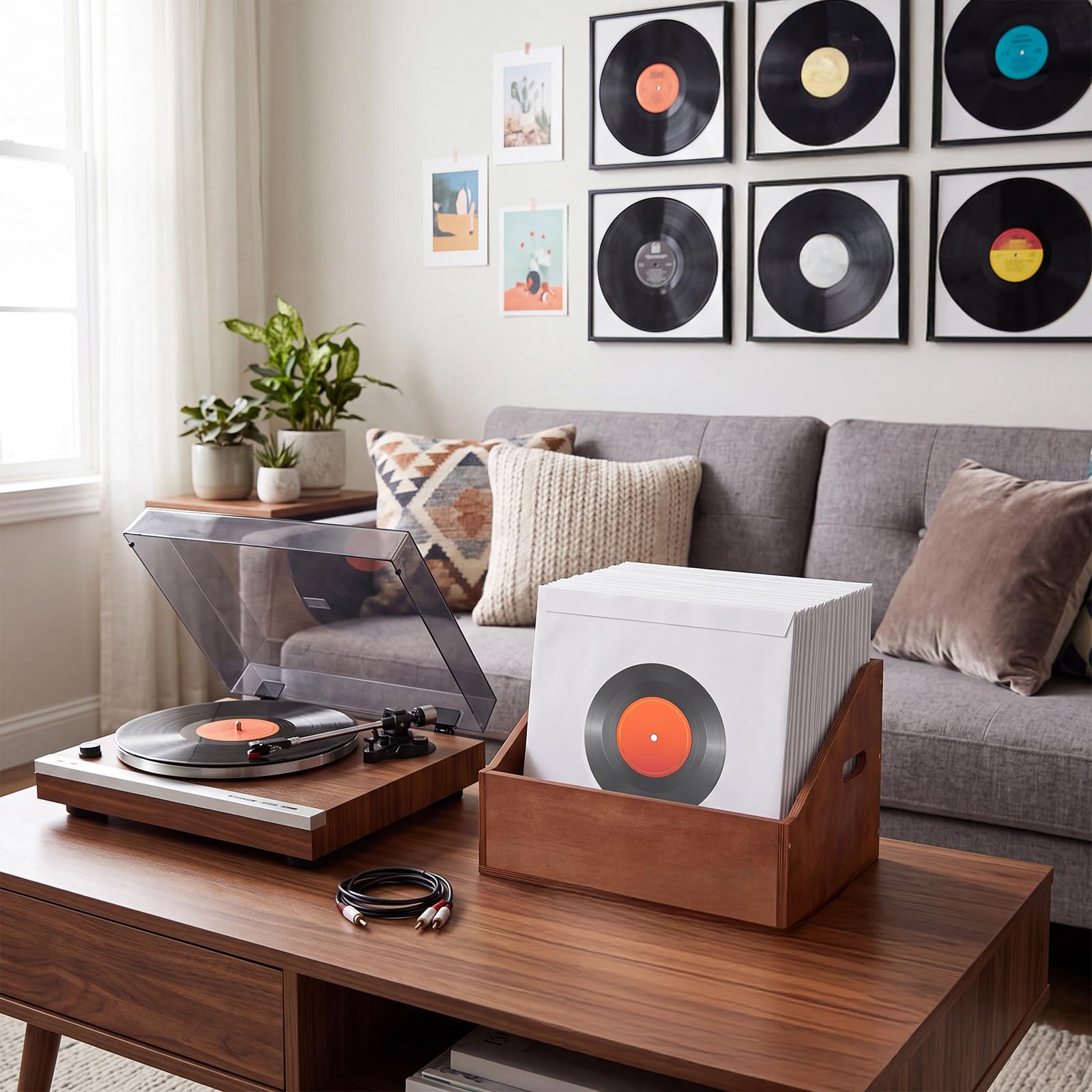 Fumete Scatola portaoggetti in legno per dischi in vinile, con 100 custodie per dischi da 45 giri/min, organizer resistente per album con manici e custodia quadrata in carta kraft da 17,8 cm, per