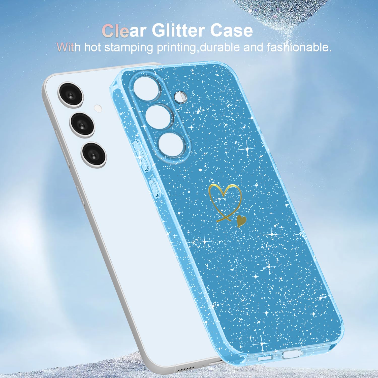 Cover Compatibile con Samsung Galaxy S25 FE 5G ((Non per S25), con 3 Pezzi Vetro Temperato Pellicola Protettiva, Glitter e Antimpronta Custodia, Antigraffio e Morbido Caso - Blu