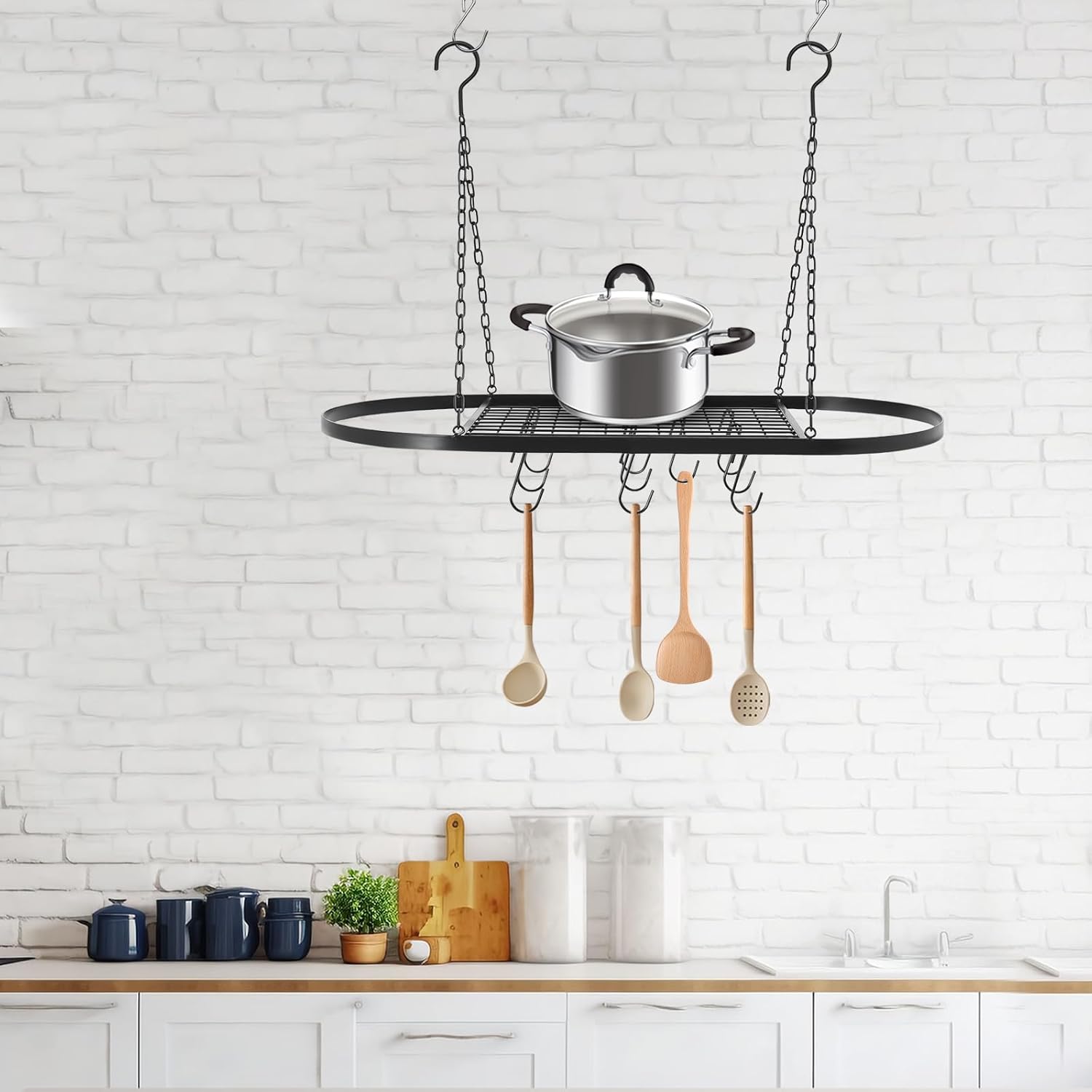 Ceiling Pot Rack Hanging,Pans Ceiling Mount Organizer Rack,Multi-Purpose Organizer Pot for Kitchen Cookware Utensils