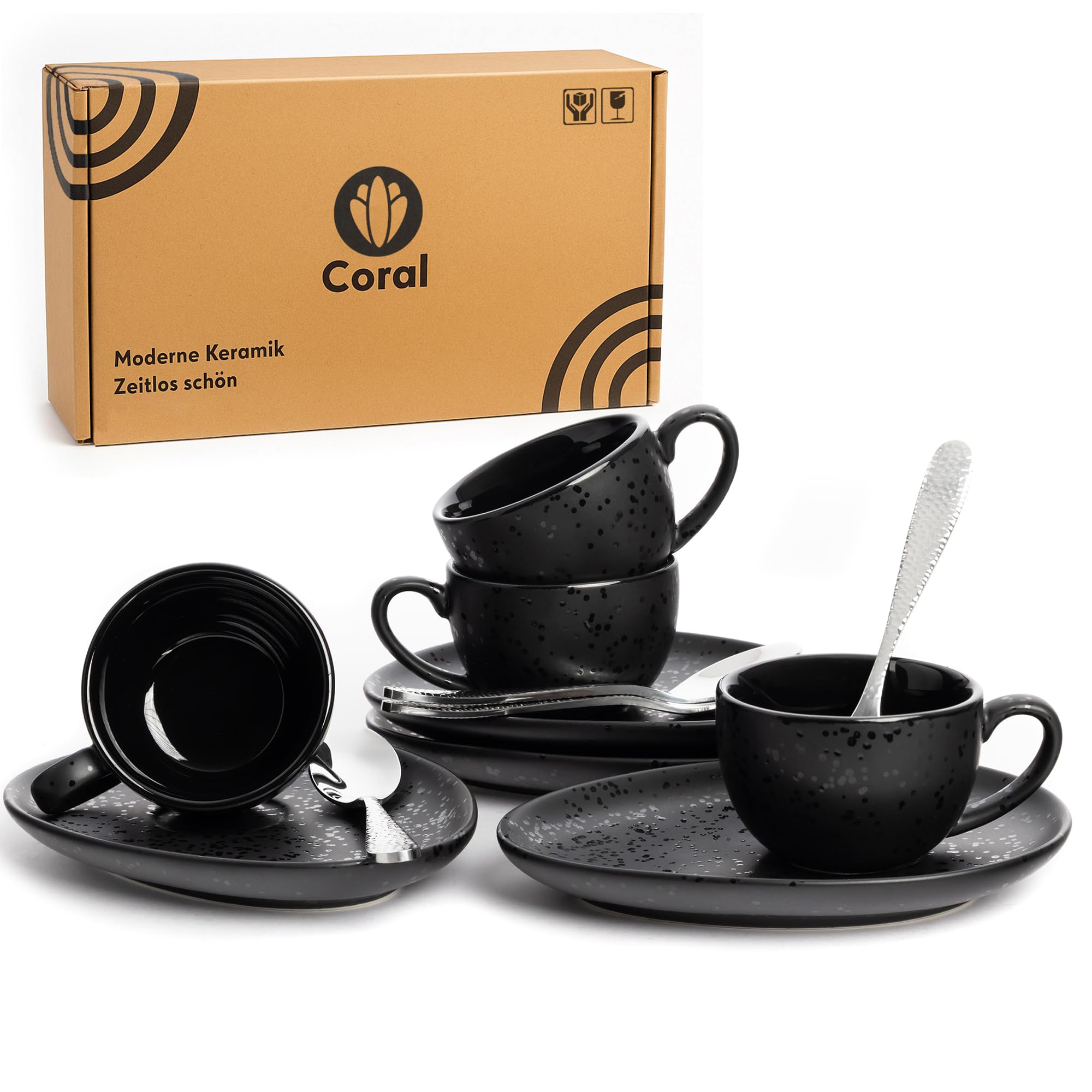 Coral - 4 tazas de espresso de 90 ml con asa, platillos y cucharas (juego) de cerámica negra - 4 tazas de café con platillo de pared gruesa - tazas de café (90 ml)