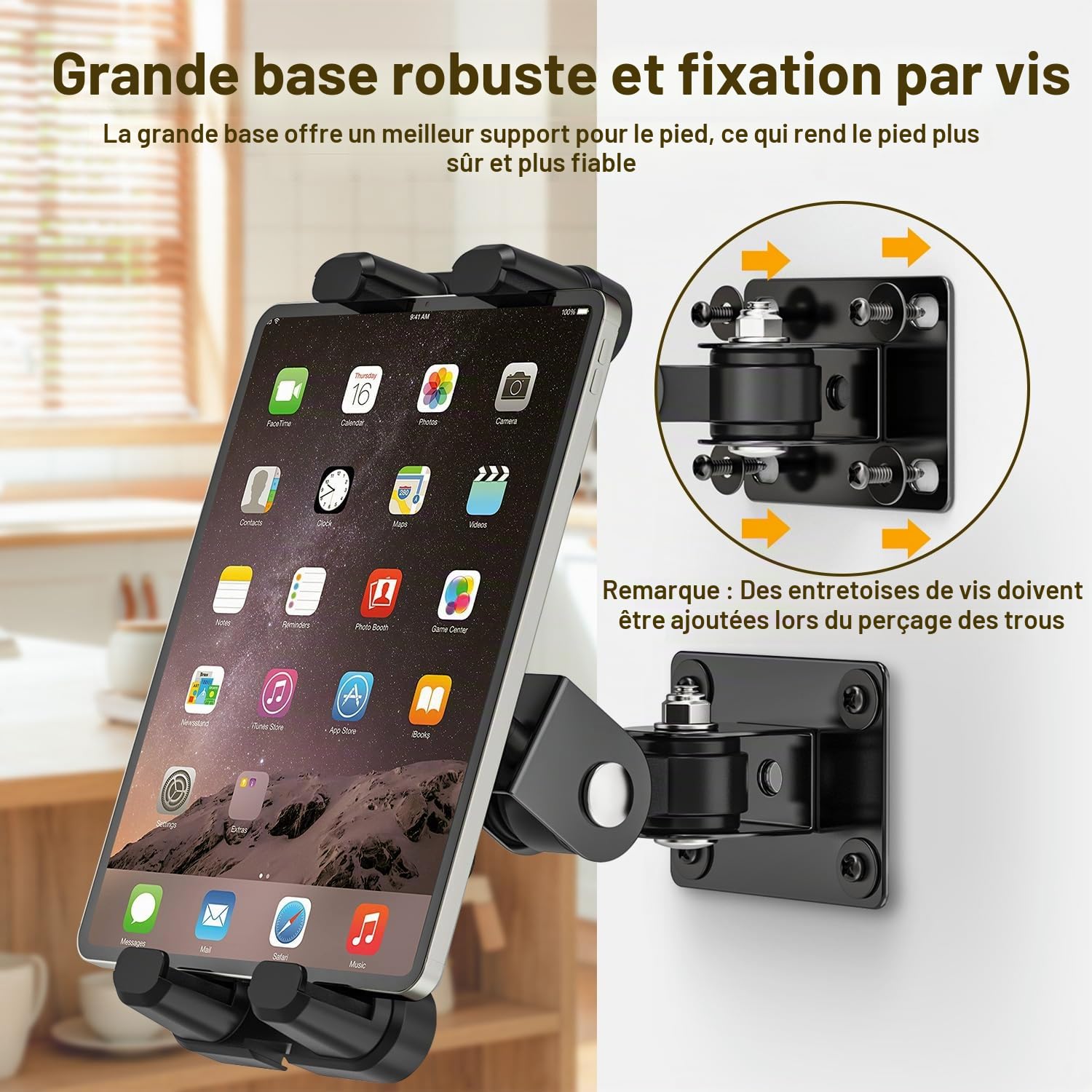 Tendak Support Mural pour Tablette, Support Mural Aluminium pour iPad, avec Base rotative à 360° réglable et Pliable pour iPad Pro Air, Tous Les téléphones et tablettes de 4,7 à 13.5"