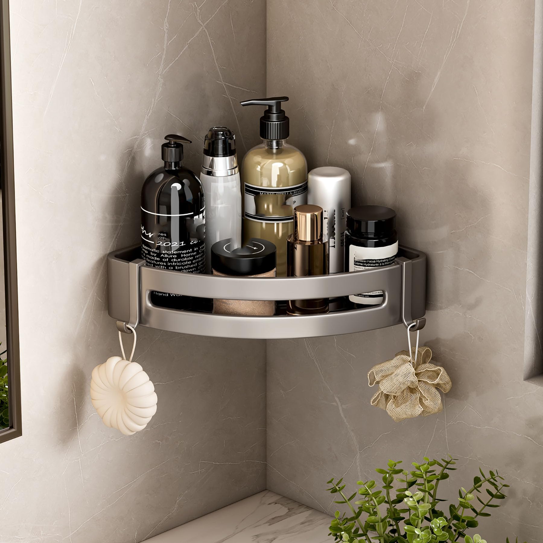 SRURLLUG Corner Shower Caddy Adhesive Corner Shelf Bathroom Shower Caddy Organizer Drill-Free Duty Shower Shelf with Hooks Wall-Mounted