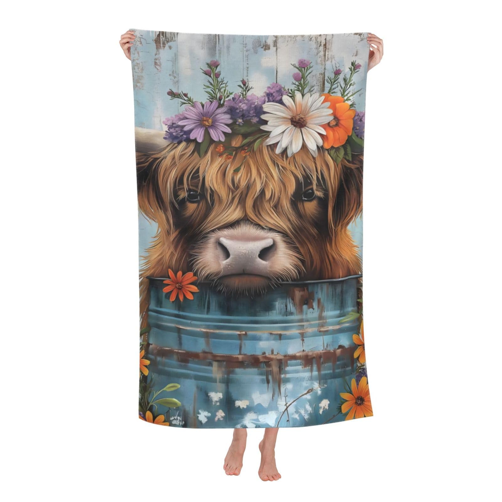 VANZEV Highland Cow Beach Towel Rustic Farmhouse Sand-Free Microfiber Bath Towel Ultra Soft Quick Dry Pool Towel Absorbent Towel Lightweight Towel