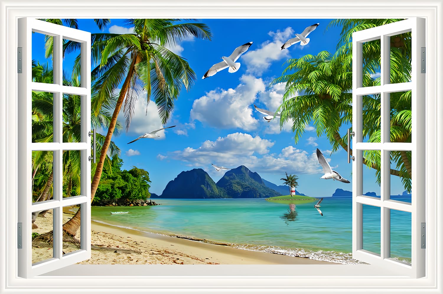 THNWSY 3D Self-Adhesive Painting Fake Window Wall Stickers Tropical Island with Palm Trees Wall Mural Window View Wall Decor for Home (V, 27.6"×17.3")