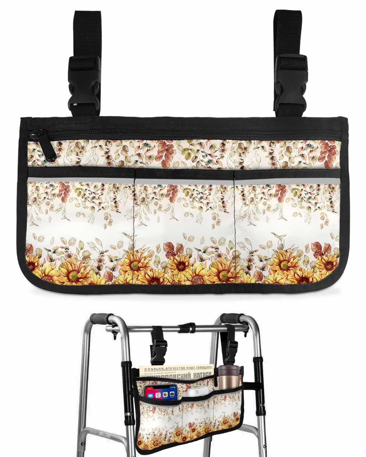 Sunflower Eucalyptus Leaves Wheelchair Side Bag Walker Bag, Country Floral Botanical Wheelchair Accessories Armrest Pouch, Organizer Storage Bag for Walkers, Rollators, Scooters, 7.3''x13''
