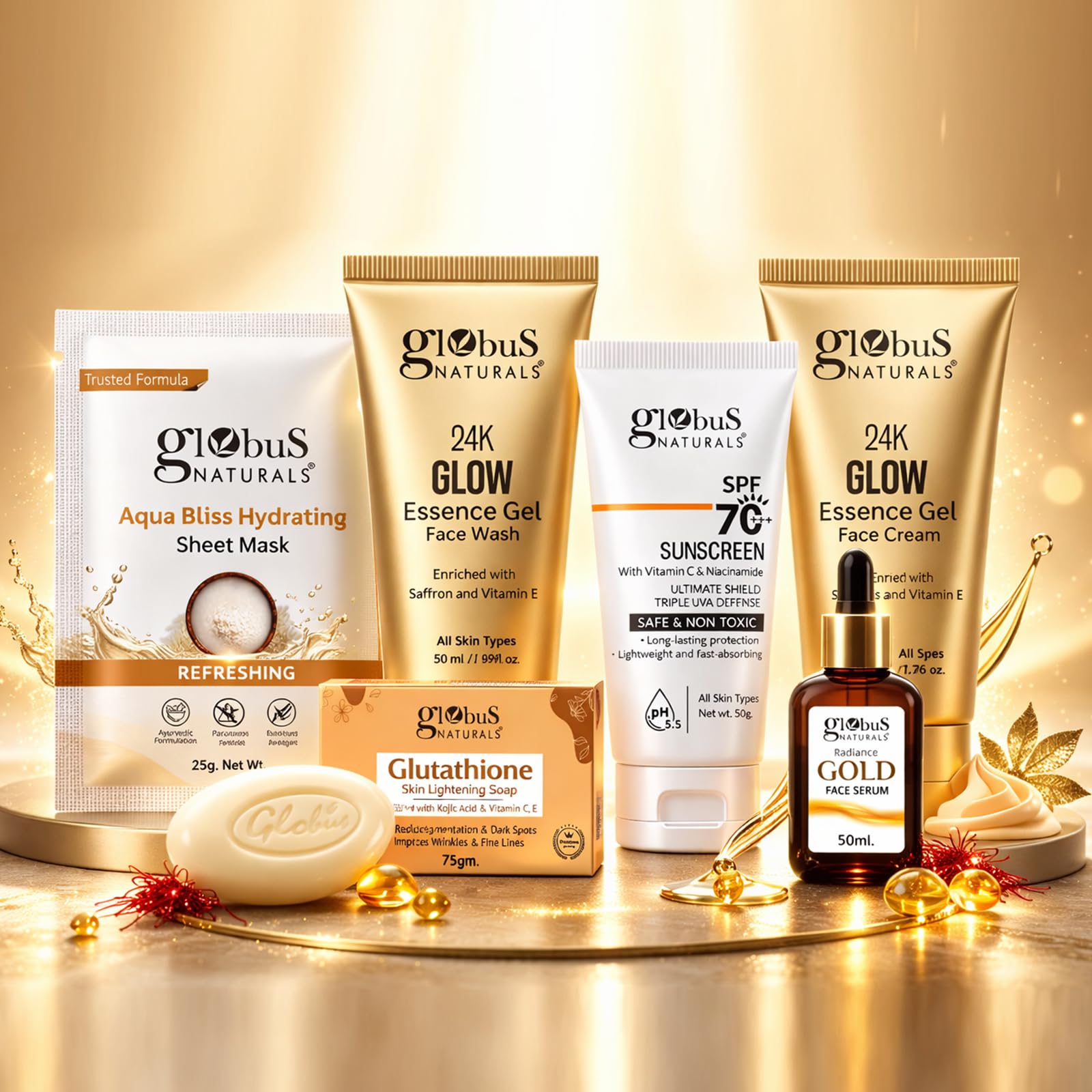 Globus Naturals 24K Gold Glow Complete 6 Step Bridal & Daily Skincare Kit with SPF 70 Sunscreen | Deep Cleansing, Nourishing, Glow Boosting & High SPF 70 Sun Protection For All Skin Types-image-23