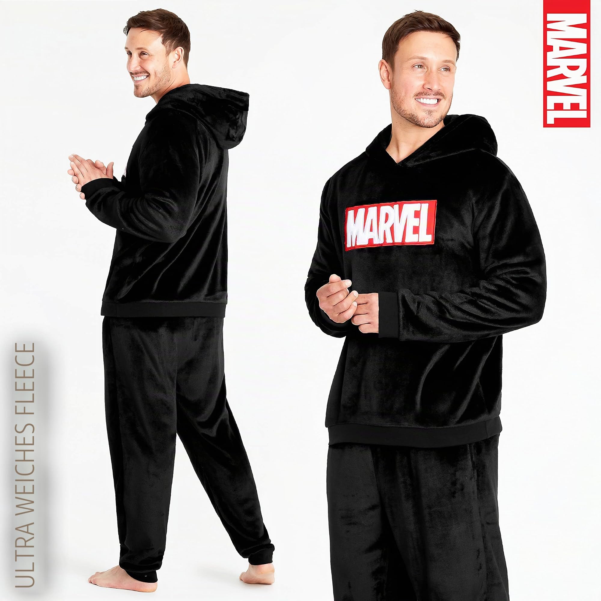 Marvel Schlafanzug Herren Lang, Fleece Hausanzug Herren Pyjama mit Hoodie Herren Oberteil