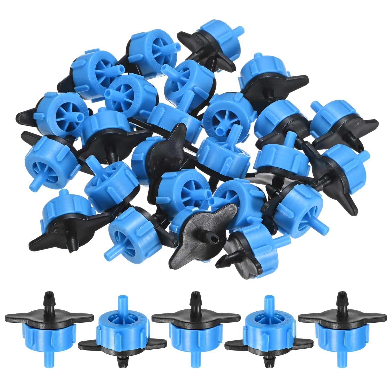 M METERXITY 100-Pack Drip Irrigation Emitters, 2 GPH Plastic Irrigation Drippers for Garden Lawn Drip Irrigation System [Blue] — image 1