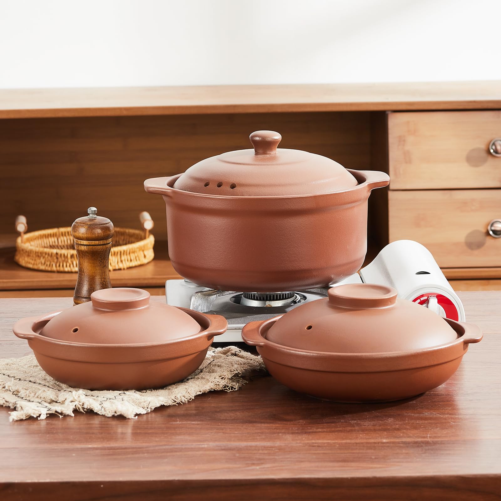 Casseruola in ceramica di terracotta non smaltata, pentola in terracotta, pentola con coperchio per cena e feste, pentola per riso, stufato, forno e servire in forno, sicura e resistente al calore
