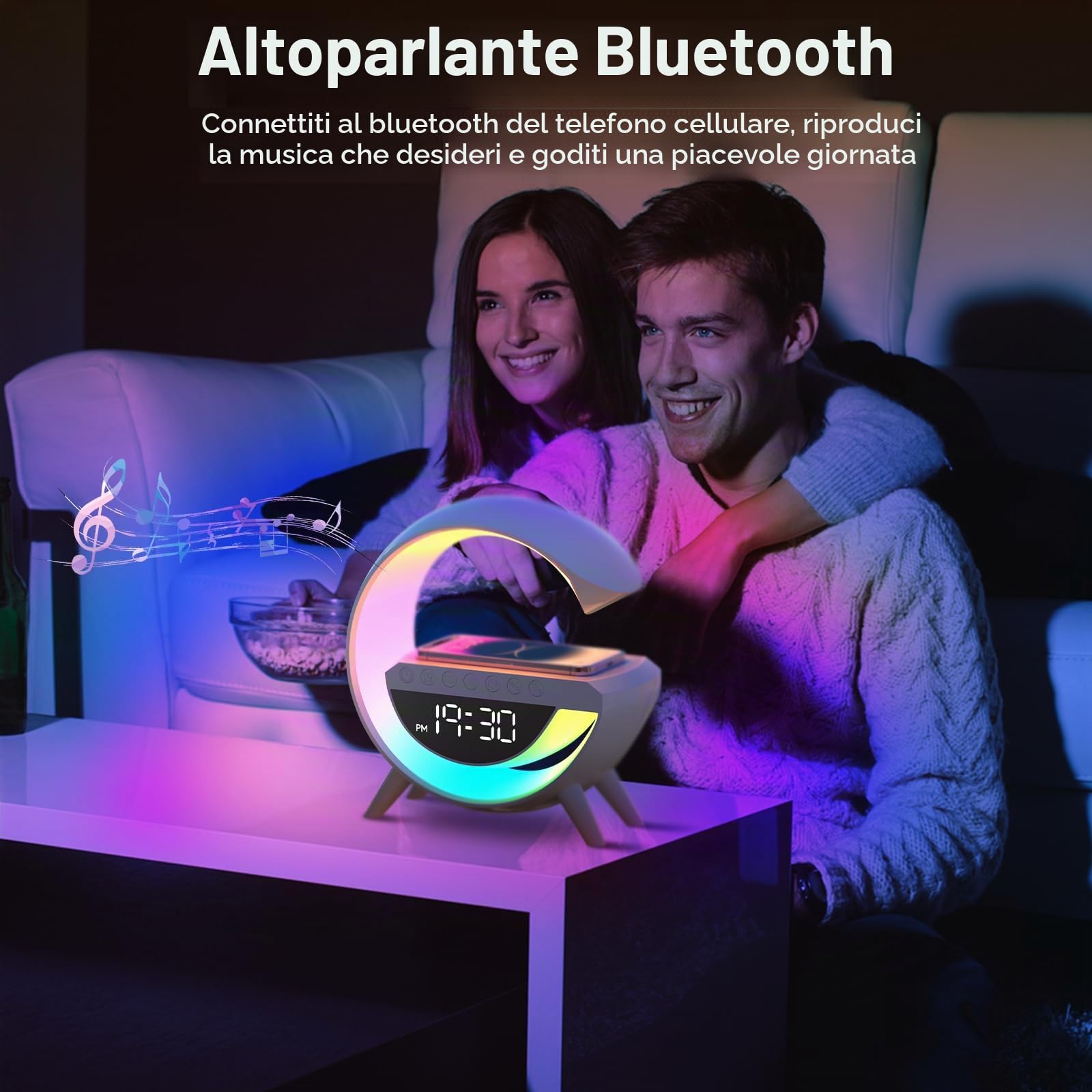 Suewidfay Caricabatterie wireless da 15 W Lampada a LED Sveglia Atmosfera Lampada da tavolo intelligente c… — immagine 5 di 9