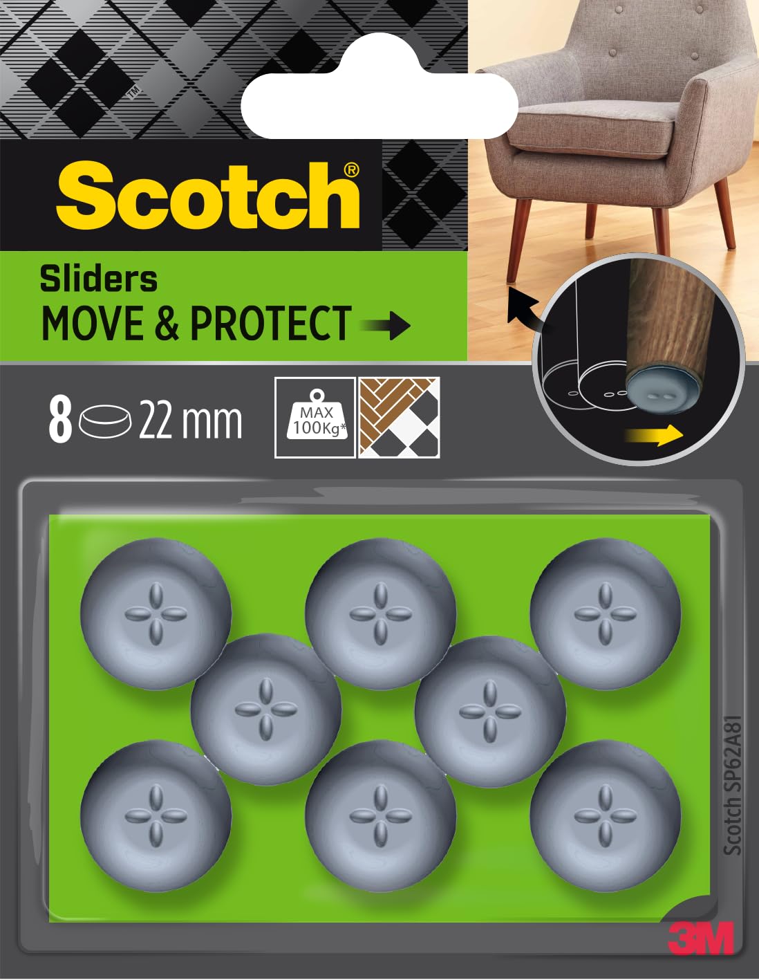 Scotch 0 Move & Protect łyżwy ślizgowe SP62A81, klej, szary, Ø 22 mm, opakowanie 4-100 kg