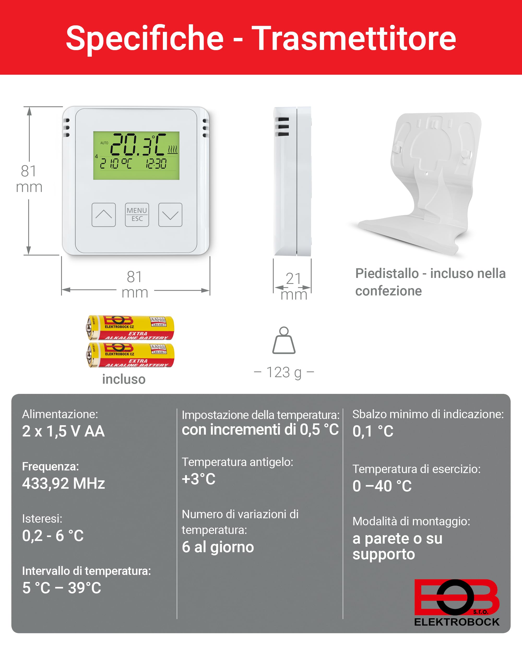 ELEKTROBOCK BT731 Termostato ambiente senza fili con ricevitore - Supporto - Portata fino a 35 m - Per riscaldamento elettrico e a infrarossi - Programmi settimanali e protezione antigelo, Bianco