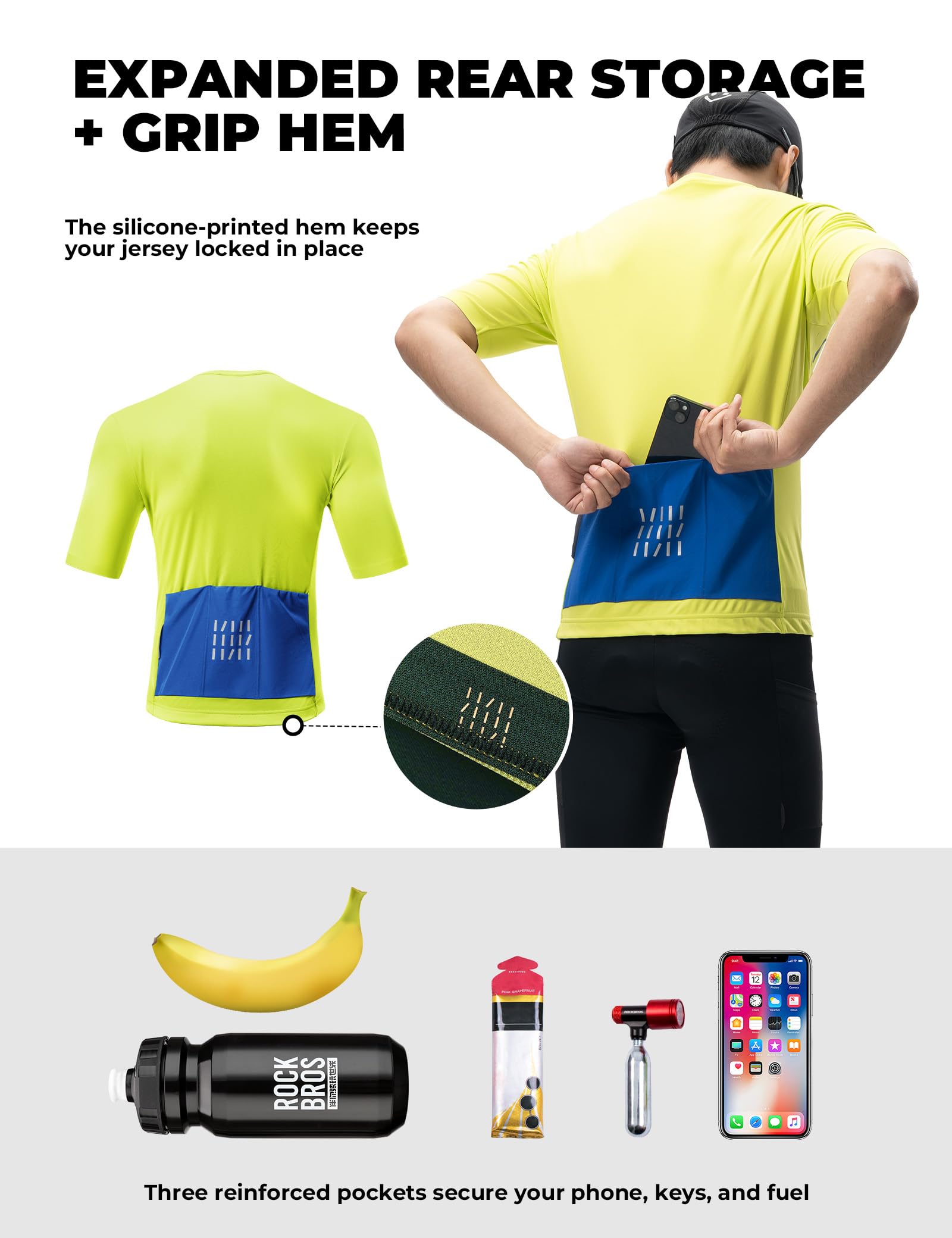 ROCKBROS Fahrradtrikot Kurzarm Herren, Atmungsaktives und Schnelltrocknend Jersey mit 3 Rückentaschen, Reflektierende Radtrikot für MTB Shirt, Pendeln und Freizeit