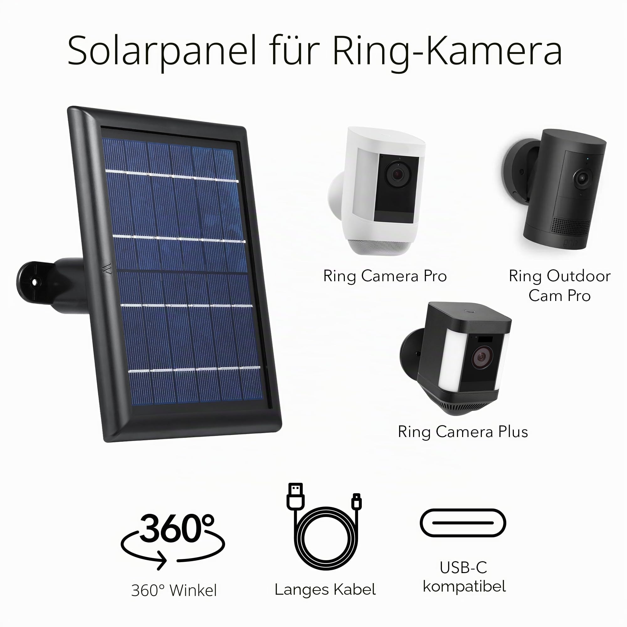 Wasserstein Solarpanel kompatibel mit Ring Spotlight Cam Plus/Pro/Battery und Ring Stick Up Cam Akku – inklusive Hohlstecker mit USB-C-Adapter – 2 W 5 V Aufladung (1 Stück, schwarz)