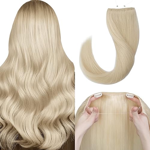 MY-LADY Extensiones de cabello humano real con alambre invisible, de 18 pulgadas, color rubio platino con alambre transparente, ajustables, 2 clips