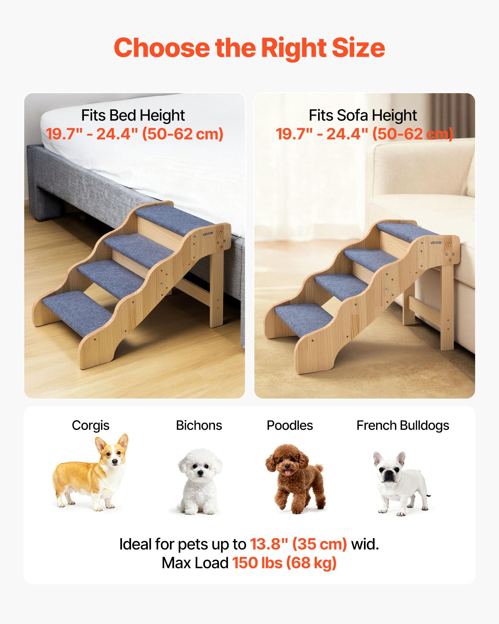 VEVOR Scale in Legno per Animali Domestici a 4 Gradini per Letti Alti, Divani e Auto, Carico di 68 kg, Superficie Antiscivolo, Scaletta Stabile per Cani e Gatti, Accessori Essenziali per Cuccioli