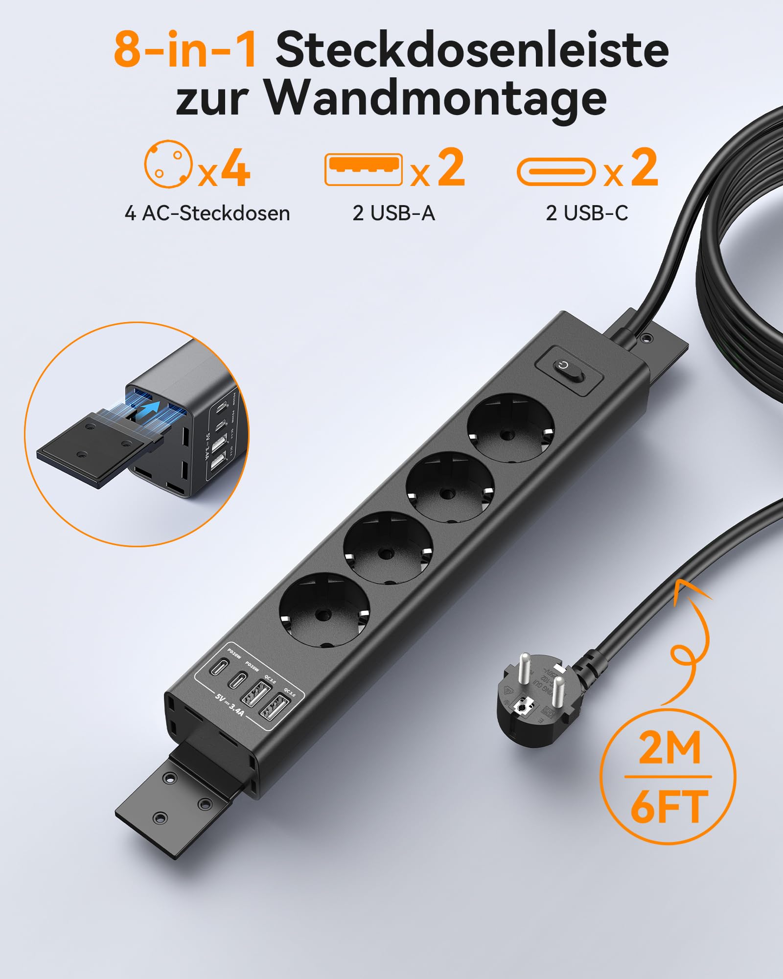 Ciabatta elettrica montabile a 360°, con 4 porte USB (2x USB-C), cavo di prolunga da 2 m e spina piatta, ciabatta a vite per parete, scrivania, angolo e montaggio sotto il tavolo