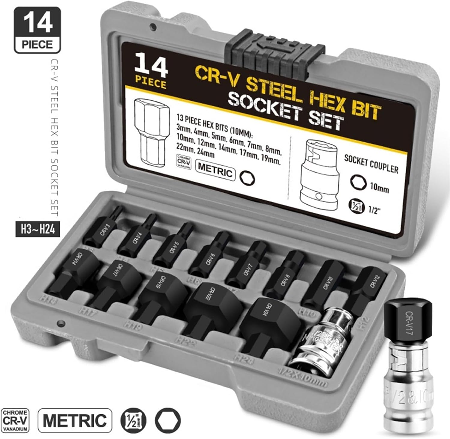 14pcs Nut Setter Driver Drill Bit Set, Internal Hexagonal Socket Set, Chromium-vanadium Steel Bolt and Nut Remover Tool