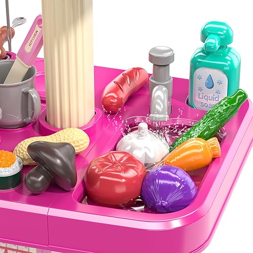 Miniatura 3 de TEMI Juego de cocina  Juego de cocina y parrilla 2 en 1 para niños, cocina de juego con 60 accesorios de juguete, sonidos reales y luz  Juego de